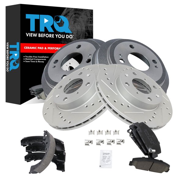 TRQ Front & Rear Brake Pad & Rotor,Shoe & Drum Kit Premium G-Coated Ceramic Performance Fits 1990-1995 Honda Civic 1993-1997 Civic del Sol 1990-1991 CRX