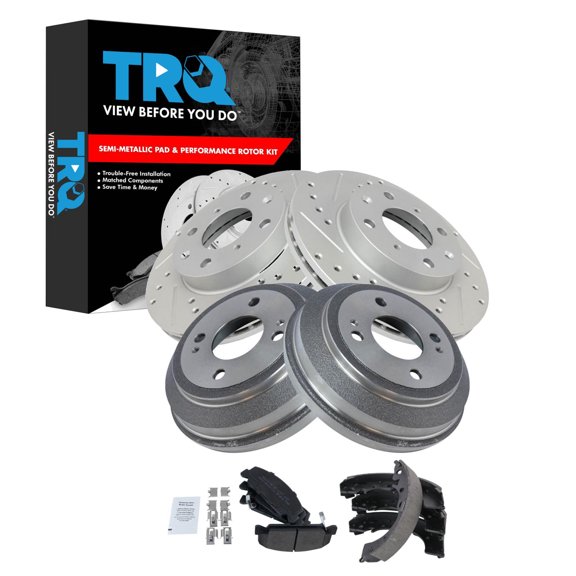 TRQ Front & Rear Brake Pad & Rotor,Shoe & Drum Kit Premium G-Coated Semi-Metallic Performance Fits 1990-1995 Honda Civic 1993-1997 Civic del Sol 1990-1991 CRX