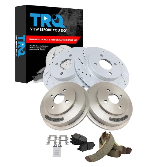 TRQ Front & Rear Brake Pad & Rotor,Shoe & Drum Kit Premium G-Coated Semi-Metallic Performance Fits 2009-2010 Chevrolet Cobalt 2009 Pontiac G5