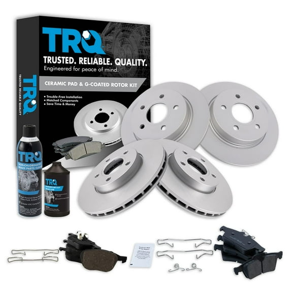 TRQ Front & Rear Ceramic Brake Pad & Coated Rotor Kit w/Chemicals for Ford Focus BKA23069