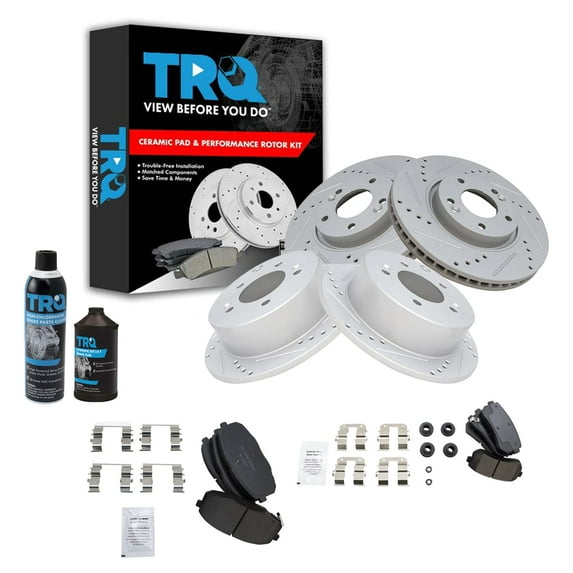 TRQ Front Rear Ceramic Brake Pad Performance Coated Rotor Kit w/Chemicals BKA15366 Fits select: 2010-2013 KIA FORTE