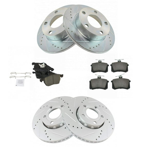 TRQ Front & Rear Ceramic Brake Pad & Performance Drilled Slotted Rotor Kit BKA12418 Fits select: 1999-2002 AUDI A4