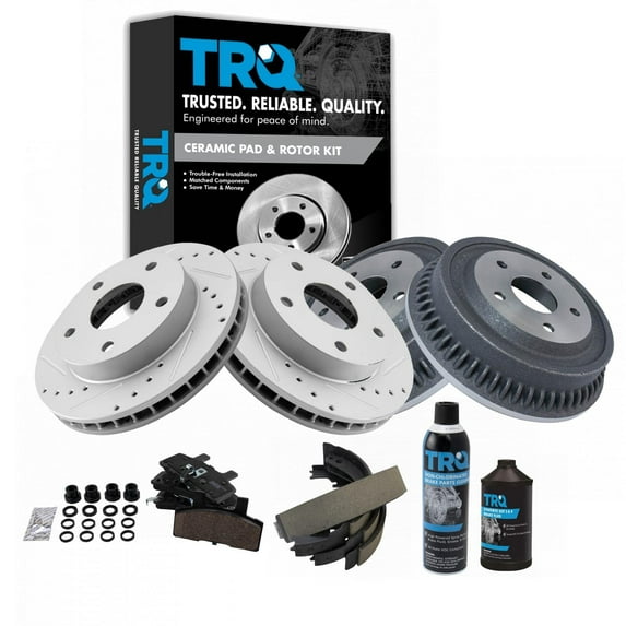 TRQ Front & Rear Ceramic Brake Pad Performance Rotor Drum & Shoe Kit for Dodge BKA22101 Fits select: 1994-1999 DODGE RAM 1500
