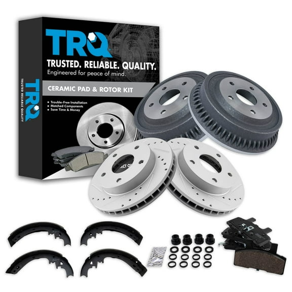 TRQ Front & Rear Ceramic Brake Pad Performance Rotor Drum Shoe Kit for Dodge Ram BKA22077 Fits select: 1994-1999 DODGE RAM 1500