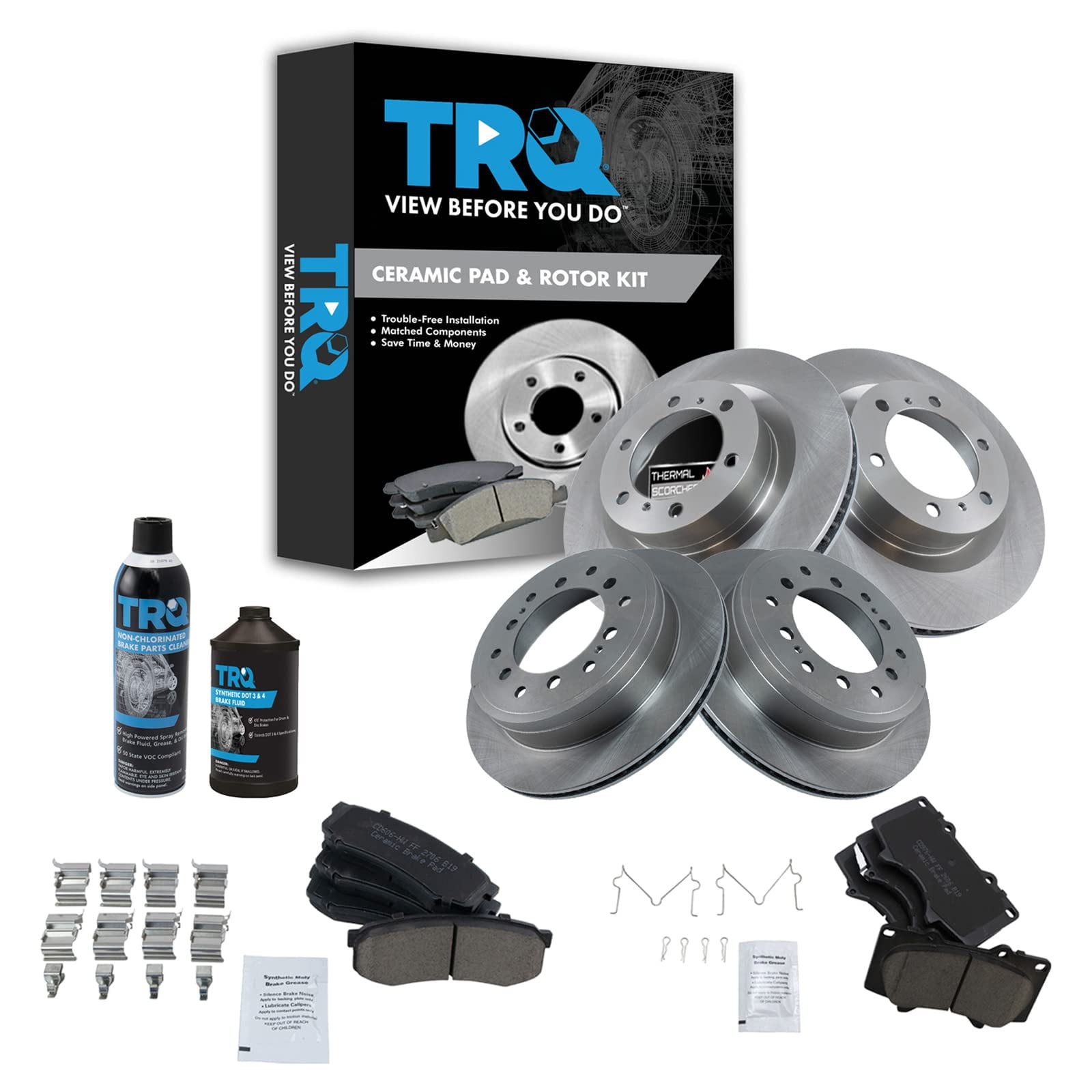 TRQ Front & Rear Ceramic Brake Pad & Rotor Kit w/Chemicals for Toyota Lexus BKA16940 Fits select