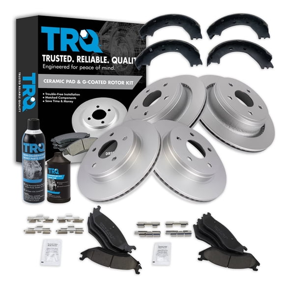 TRQ Front & Rear Ceramic Brakes Pad Coated Rotor & Parking Shoe Kit w/Fluids BKA22904 Fits select: 2003 DODGE RAM 1500, 2004-2005 DODGE RAM 1500 ST/SLT
