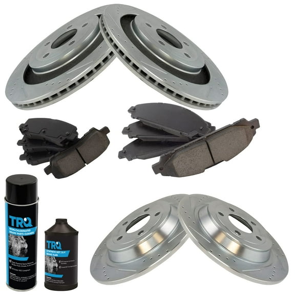 TRQ Front & Rear Ceramic Pad & Cross Drilled Coated Rotor w/Chemicals BKA16111 Fits select: 2015-2016,2017 FORD MUSTANG