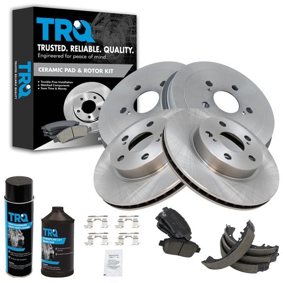 TRQ Front & Rear Ceramic Pads Rotors Drums & Shoe Kit w/ Fluids for Toyota Prius BKA20695