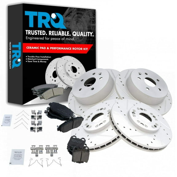 TRQ Front and Rear Performance Brake Pad & Rotor Kit Brake Pads Brake Rotors Set Ceramic Premium G-Coated Fits Select 1998-2005 Lexus GS300 1998-2000 GS400 2001-2005 GS430 IS300 2002-2010 SC430
