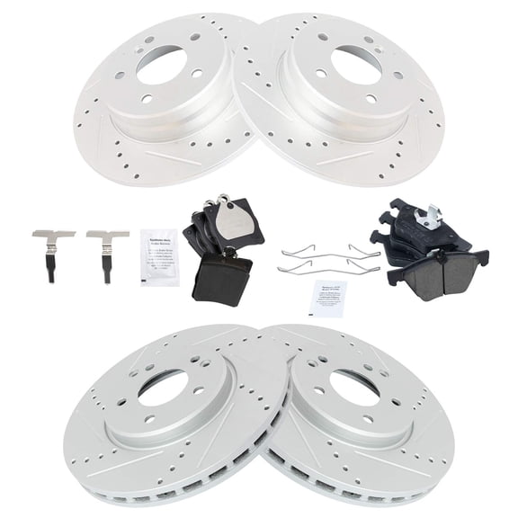 TRQ Front and Rear Performance Brake Pad & Rotor Kit Brake Pads Brake Rotors Set Ceramic Premium G-Coated Fits Select 2000-2003 Mercedes-Benz CLK320 CLK430 1996-2002 E320 1998-2002 E430