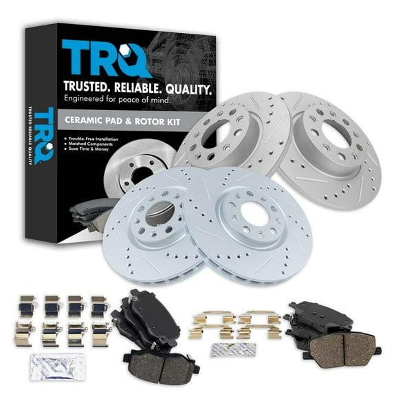 TRQ Front and Rear Performance Brake Pad & Rotor Kit Brake Pads Brake Rotors Set Ceramic Premium G-Coated Fits Select 2016-2021 Fiat 500X 2015-2021 Jeep Renegade