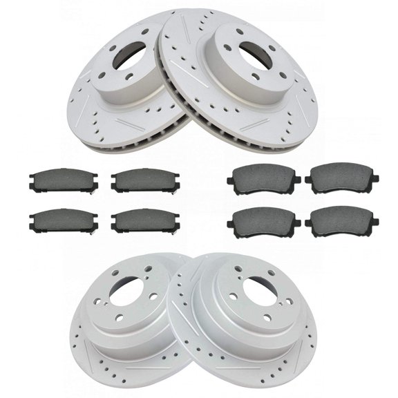 TRQ Front and Rear Performance Brake Pad & Rotor Kit Brake Pads Brake Rotors Set Semi-Metallic Premium G-Coated Fits Select 1998 Subaru Impreza 1997-1999 Legacy