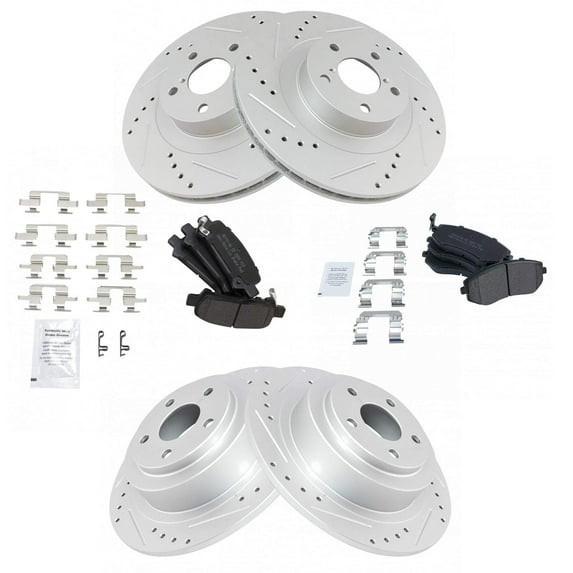 TRQ Front and Rear Performance Brake Pad & Rotor Kit Brake Pads Brake Rotors Set Semi-Metallic Premium G-Coated Fits Select 2003-2006 Subaru Baja 2002-2004 Legacy Outback