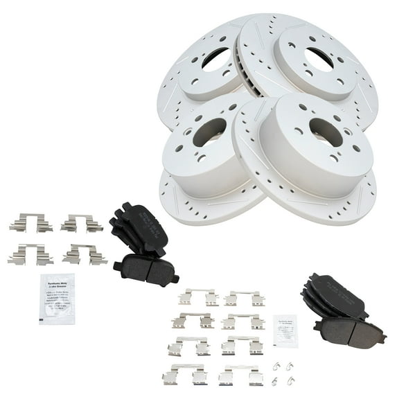 TRQ Front and Rear Performance Brake Pad & Rotor Kit Brake Pads Brake Rotors Set Semi-Metallic Premium G-Coated Fits Select 2005-2007 Toyota Avalon 2005-2006 Camry 2004-2008 Solara