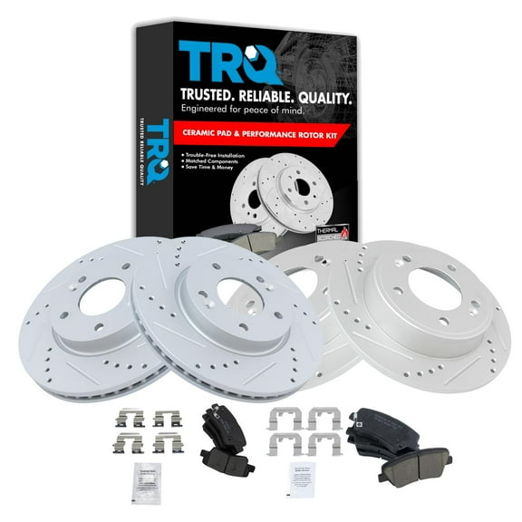 TRQ Front Rear Performance Drilled & Slotted Brake Rotor & Posi Ceramic Pad Set