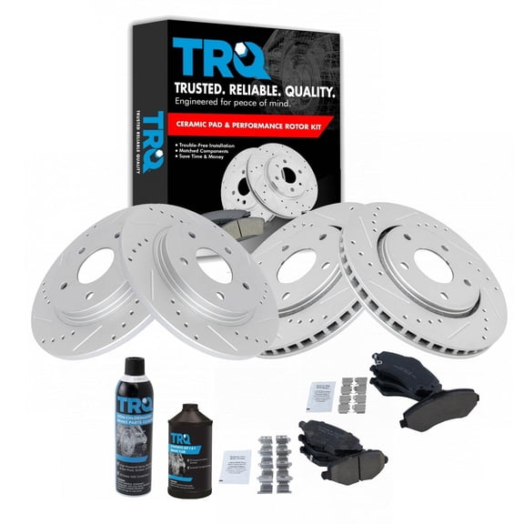 TRQ Front & Rear Posi Ceramic Brake Pad & Performance Rotor Kit w/Chemicals BKA21961