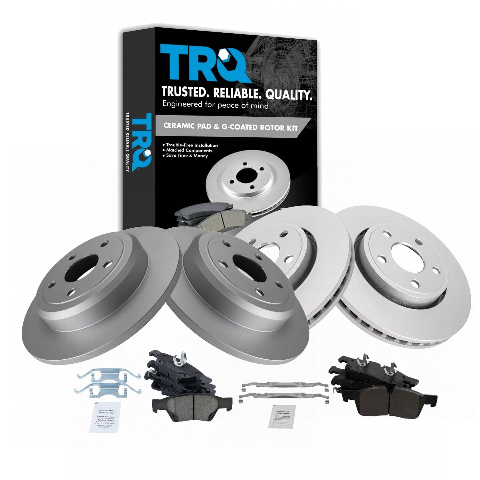 TRQ Front & Rear Posi Ceramic Disc Brake Pad & Coated Rotor Kit for Durango BKA23336 Fits select
