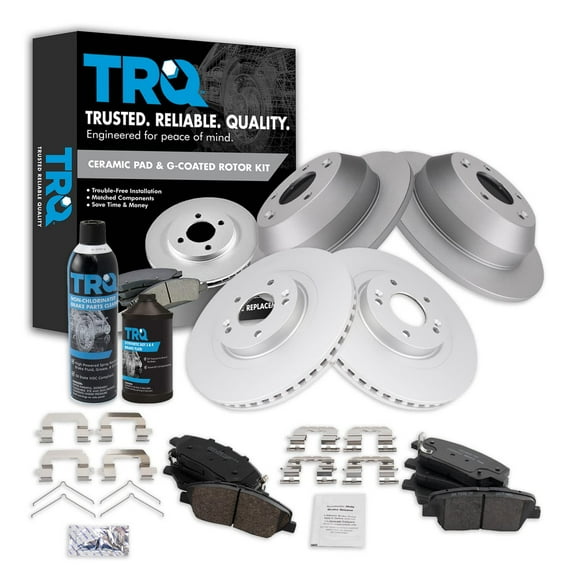 TRQ Front & Rear Posi Ceramic Disc Brake Pad & Coated Rotor Kit w/Chemicals BKA23340