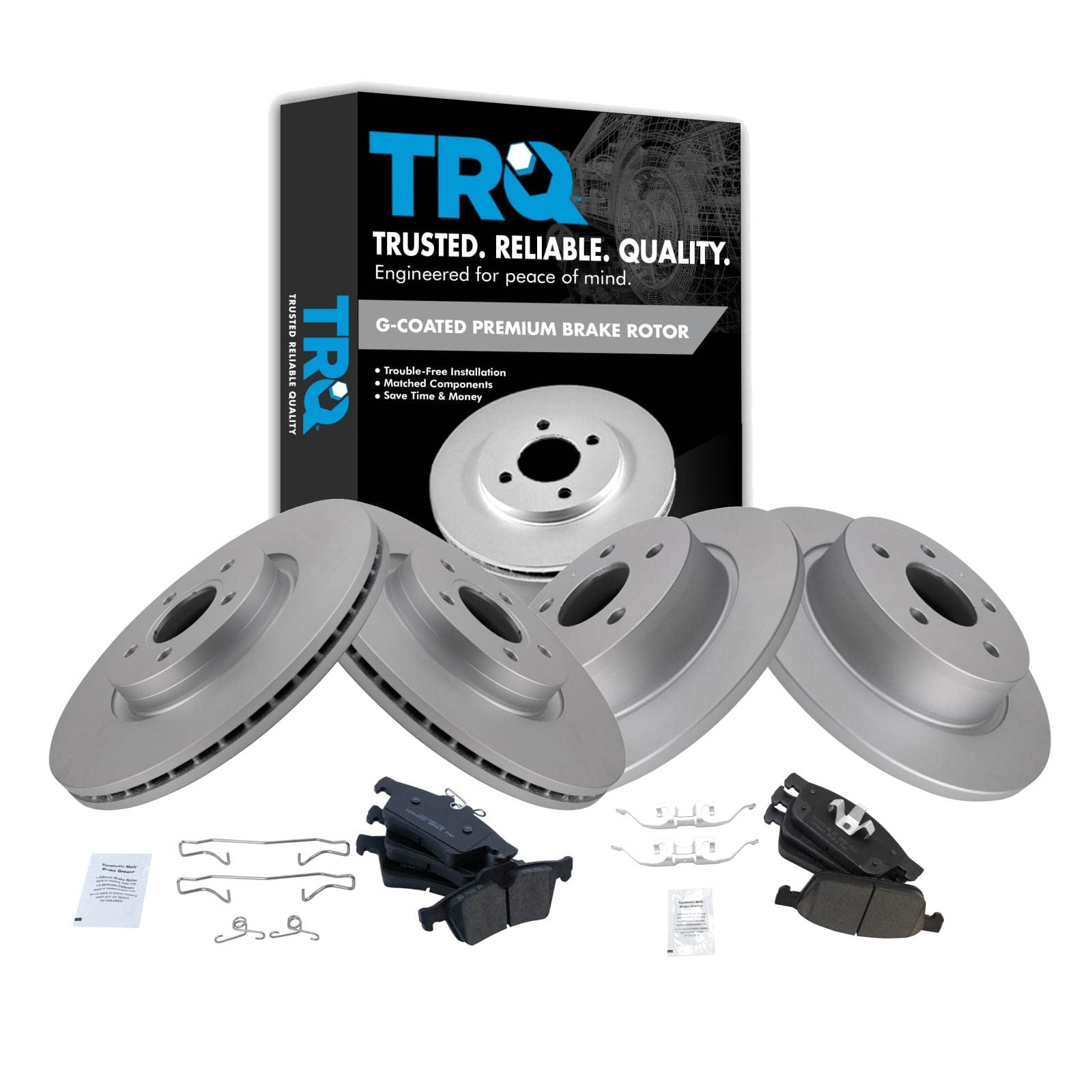 TRQ Front & Rear Premium Ceramic Brake Pad & Coated Rotor Kit for 