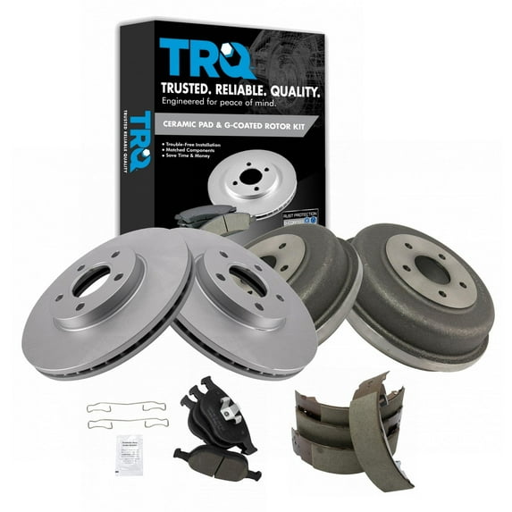 TRQ Front Rear Premium Ceramic Brake Pad Shoe Coated Rotor Drum for Ford BKA23642 Fits select: 2010-2013 FORD TRANSIT CONNECT