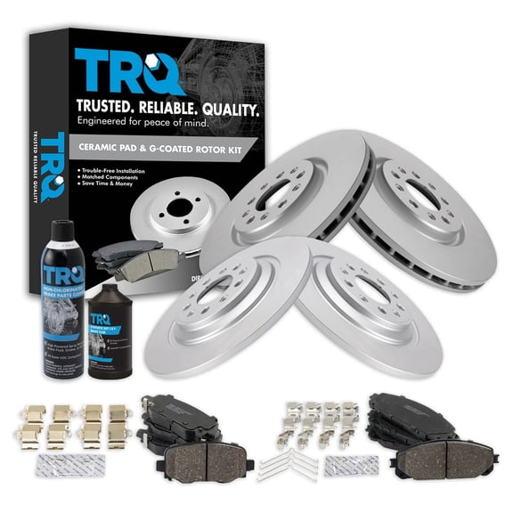 TRQ Front & Rear Premium Posi Ceramic Disc Brake Pad & Coated Rotor w/Chemicals BKA23172