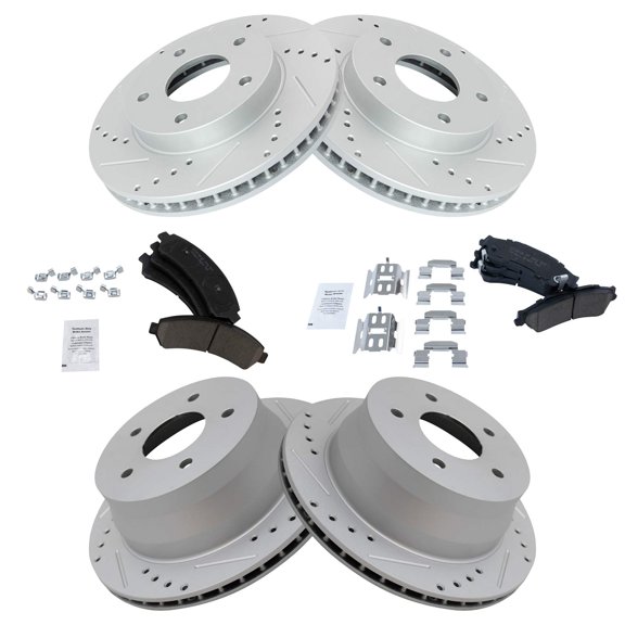 TRQ Front & Rotor Rear Ceramic Pad & Rotor Performance Drilled Slotted Zinc Coated Rotor Kit