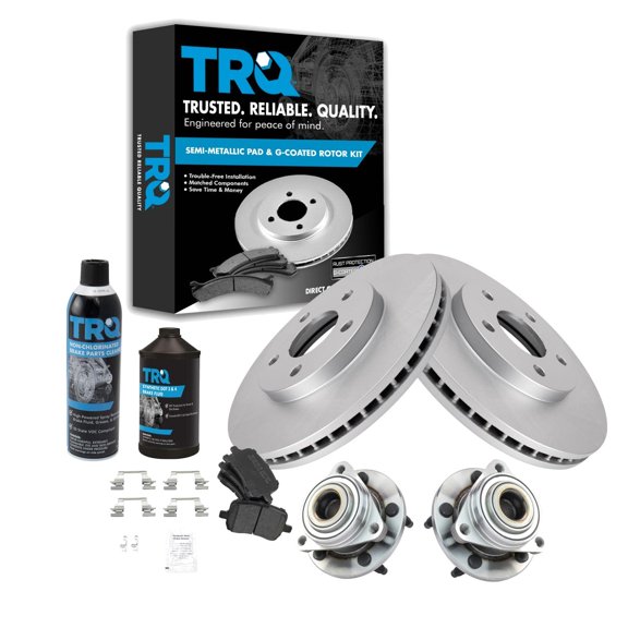 TRQ Front Semi-Metallic Brake Pad Coated Rotor Wheel Hub Kit w/Fluids for Chevy BKA24050