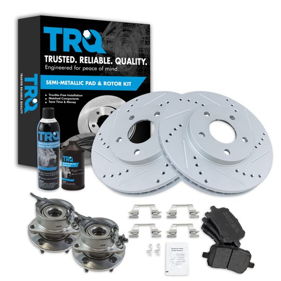 TRQ Front Semi-Metallic Brake Pad Performance Rotor Hardware & Wheel Bearing Hub BKA21882