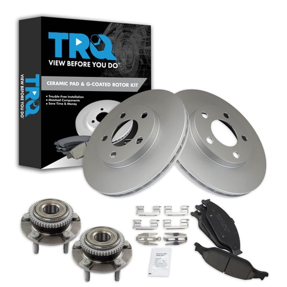 TRQ Front Brake Pad & Rotor Kit Brake Pads Brake Rotor Wheel Hub Bearing Assembly Ceramic Premium G-Coated Fits Select 1999-2004 Ford Mustang