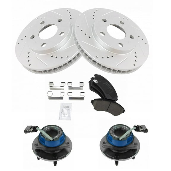 TRQ Front Wheel Hub Performance Drilled Slotted Brake Rotor & Posi Ceramic Pad Kit