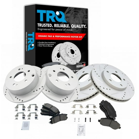 TRQ Front and Rear Performance Brake Pad & Rotor Kit Brake Pads Brake Rotors Set Ceramic Premium G-Coated Fits Select 2004-2012 Mitsubishi Galant