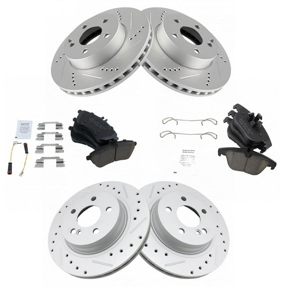 TRQ Front and Rear Performance Brake Pad & Rotor Kit Brake Pads Brake Rotors Set Ceramic Premium G-Coated Fits Select 2012-2015 Mercedes-Benz C250