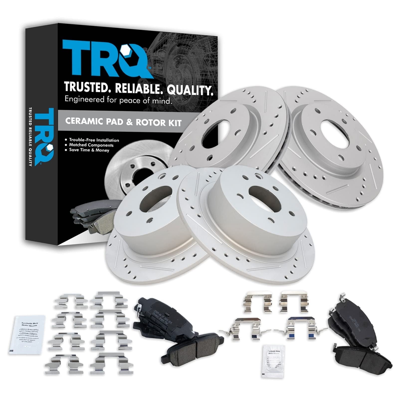 TRQ Front and Rear Performance Ceramic Brake Pad & Premium G-Coated Rotor Kit Fits Select 2013-2019 Nissan Sentra some models