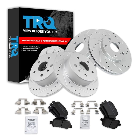TRQ Front and Rear Performance Brake Pad & Rotor Kit Brake Pads Brake Rotors Set Semi-Metallic Premium G-Coated Fits Select 2000-2004 Toyota Avalon