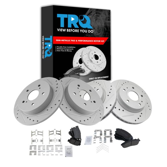 TRQ Front and Rear Performance Brake Pad & Rotor Kit Brake Pads Brake Rotors Set Semi-Metallic Premium G-Coated Fits Select 2007-2008 Suzuki SX4