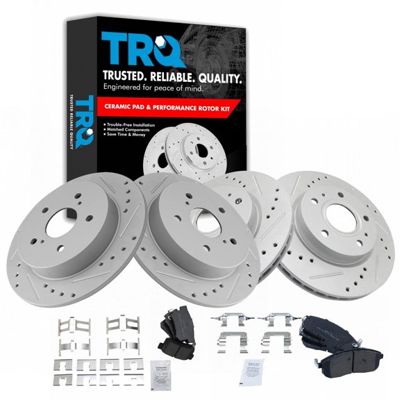 TRQ Front and Rear Performance Brake Pad & Rotor Kit Brake Pads Brake Rotors Set Semi-Metallic Premium G-Coated Fits Select 2007-2013 Suzuki SX4