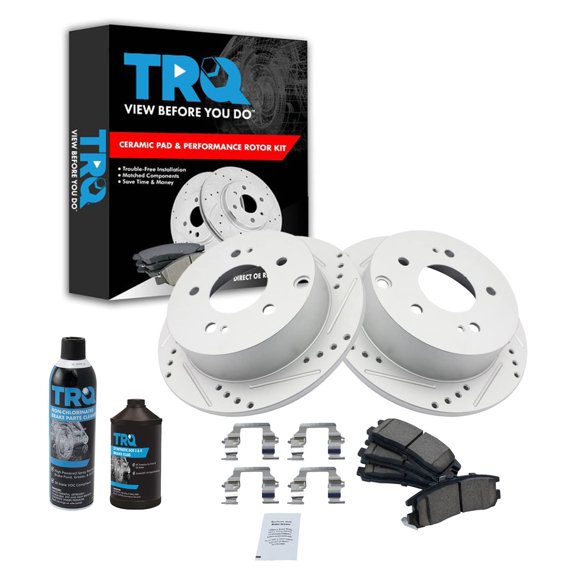 TRQ Performance Drilled & Slotted Brake Rotor & Ceramic Pad Rear Kit w/Chemicals BKA15978