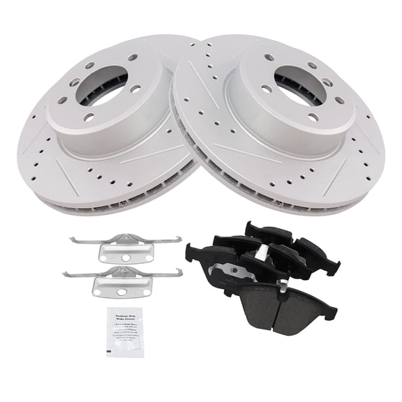 TRQ Performance Drilled Slotted Rotor & Posi Ceramic Pad Front Set Fits Select BMW