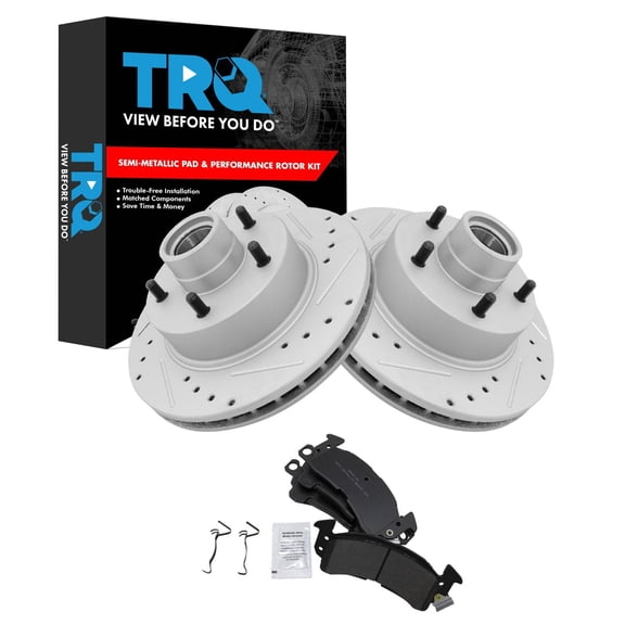 TRQ Performance Front Brake Pad & Rotor Kit Premium G-Coated Slotted X Drilled Semi-Metallic Fits 73-78 Buick 76 Cadillac 70-78 Chevrolet 72-74 GMC Oldsmobile Pontiac