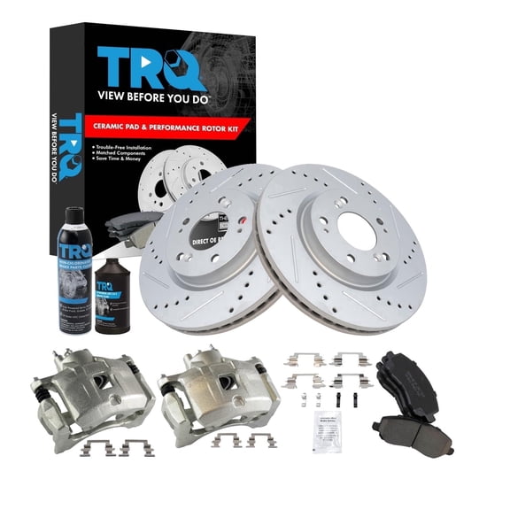 TRQ Performance Front Performance Brake Pad & Rotor Kit Ceramic Premium G-Coated Slotted X Drilled Fits 11-14 200 08-14 Avenger 07-12 Caliber 07-17 Compass Patriot