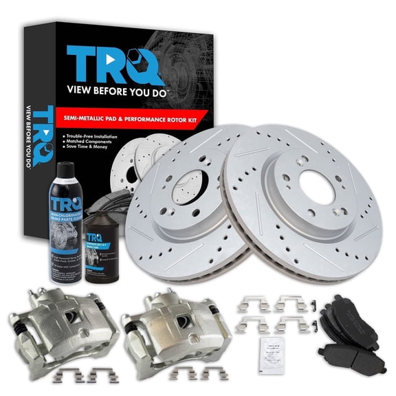 TRQ Performance Front Performance Brake Pad & Rotor Kit Semi-Metallic Premium G-Coated Slotted X Drilled Fits 11-14 200 08-14 Avenger 07-12 Caliber 07-17 Compass Patriot