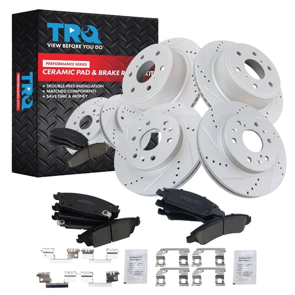 TRQ Performance Front & Rear Brake Pad & Rotor Kit Ceramic Premium G-Coated Slotted X Drilled Fits 2015-2020 Chevrolet Tahoe