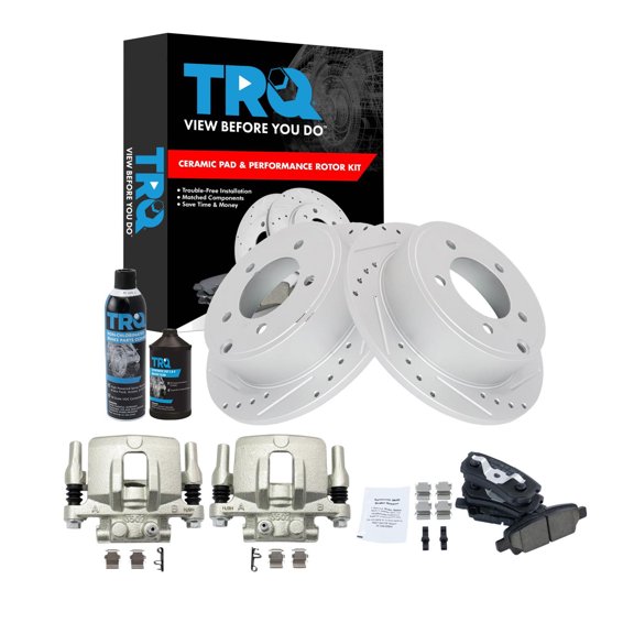 TRQ Performance Rear Performance Brake Pad & Rotor Kit Ceramic Premium G-Coated Slotted X Drilled Fits 11-14 200 08-14 Avenger 07-12 Caliber 07-17 Compass 08-17 Lancer Patriot 07-10 Sebring