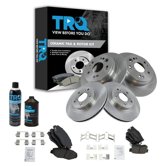 TRQ Premium Posi Ceramic Pad & Brake Rotor Kit Front & Rear w/Chemicals BKA18010