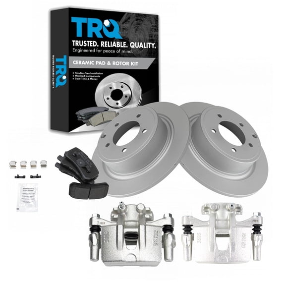 TRQ Rear Brake Pad & Rotor Kit Brake Caliper Brake Pads Brake Rotor Semi-Metallic Solid Premium G-Coated Fits Select 2009-2012 Mitsubishi Outlander