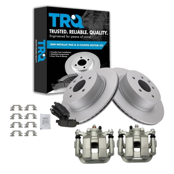 TRQ Rear Brake Pad & Rotor Kit Brake Caliper Brake Pads Brake Rotor Semi-Metallic Vented Premium G-Coated Fits Select 2005 INFINITI G35