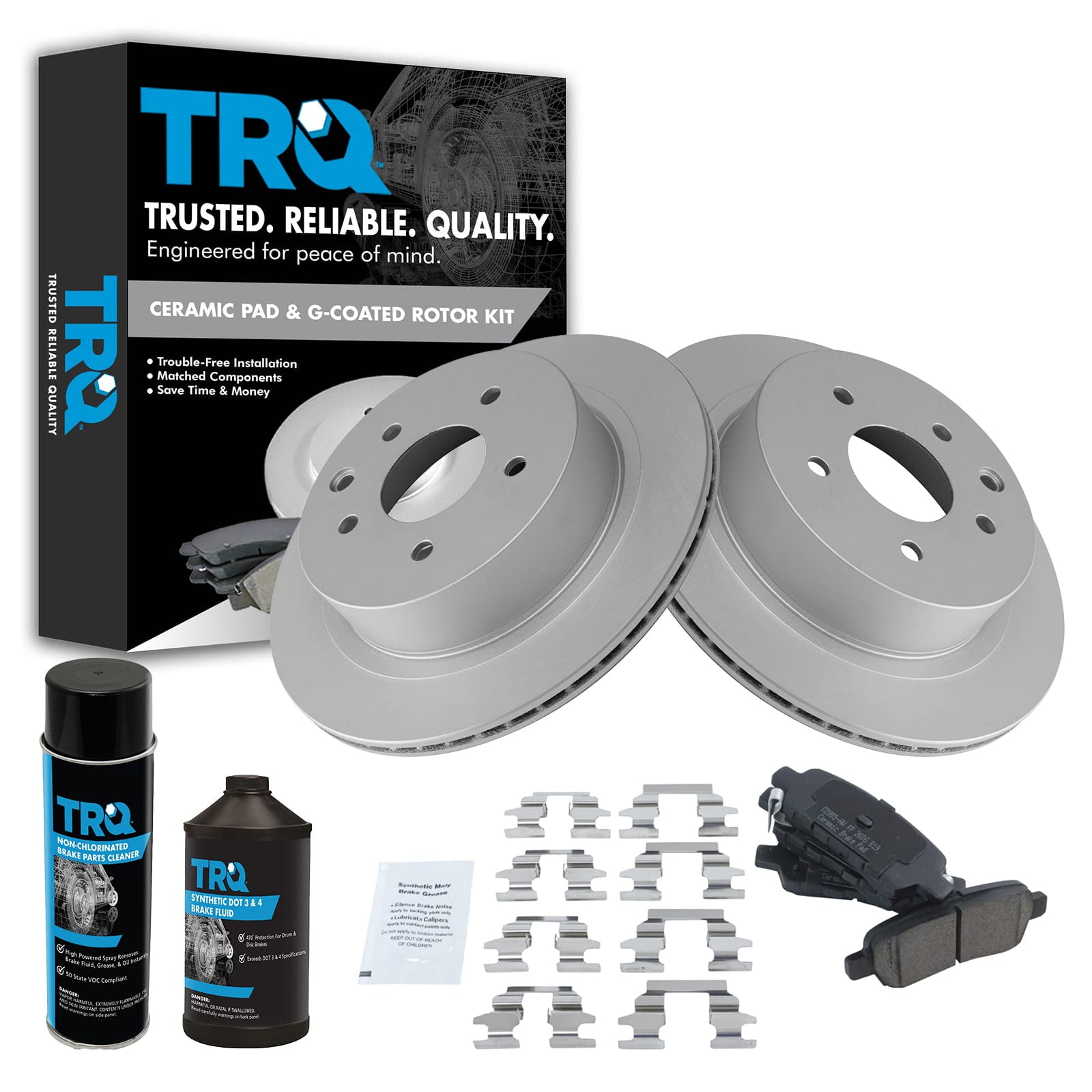 TRQ Rear Brake Coated Rotor & Premium Ceramic Pad Kit w/Fluids for ...