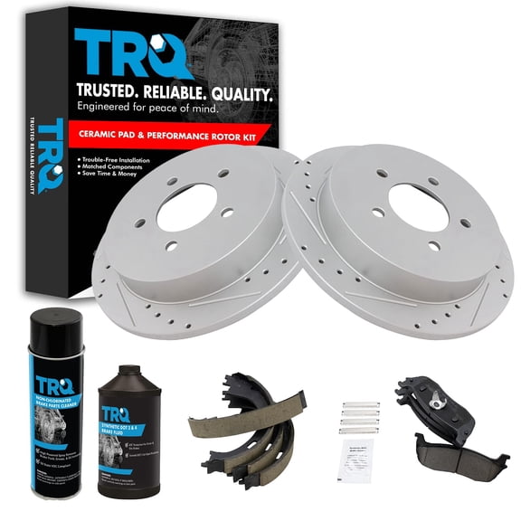 TRQ Rear Brake Kit Ceramic Brake Pad Performance Rotor Parking Shoes w/Chemicals BKA21811