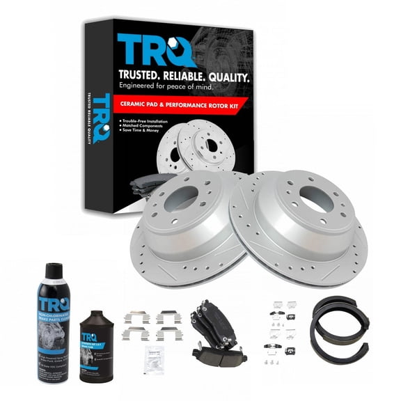 TRQ Rear Brake Pad & Performance Rotor Kit with Parking Shoes w/Chemicals BKA21803