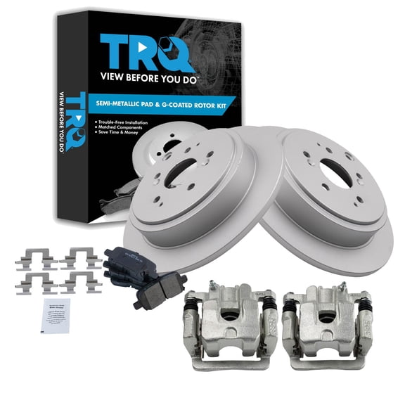 TRQ Rear Brake Pad & Rotor Kit Brake Caliper Brake Pads Brake Rotor Semi-Metallic Premium G-Coated Fits Select 2001-2006 Acura MDX 2003-2008 Honda Pilot